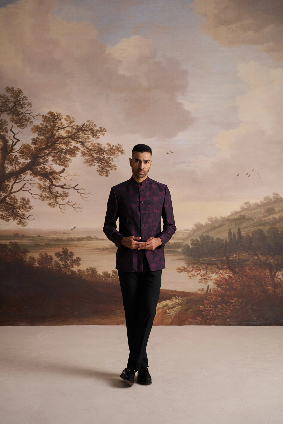 Pink Jacquard Slim Fit Mandarin Collar Bandhgala Blazer