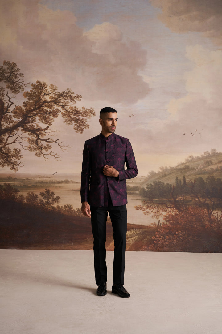 Pink Jacquard Slim Fit Mandarin Collar Bandhgala Blazer