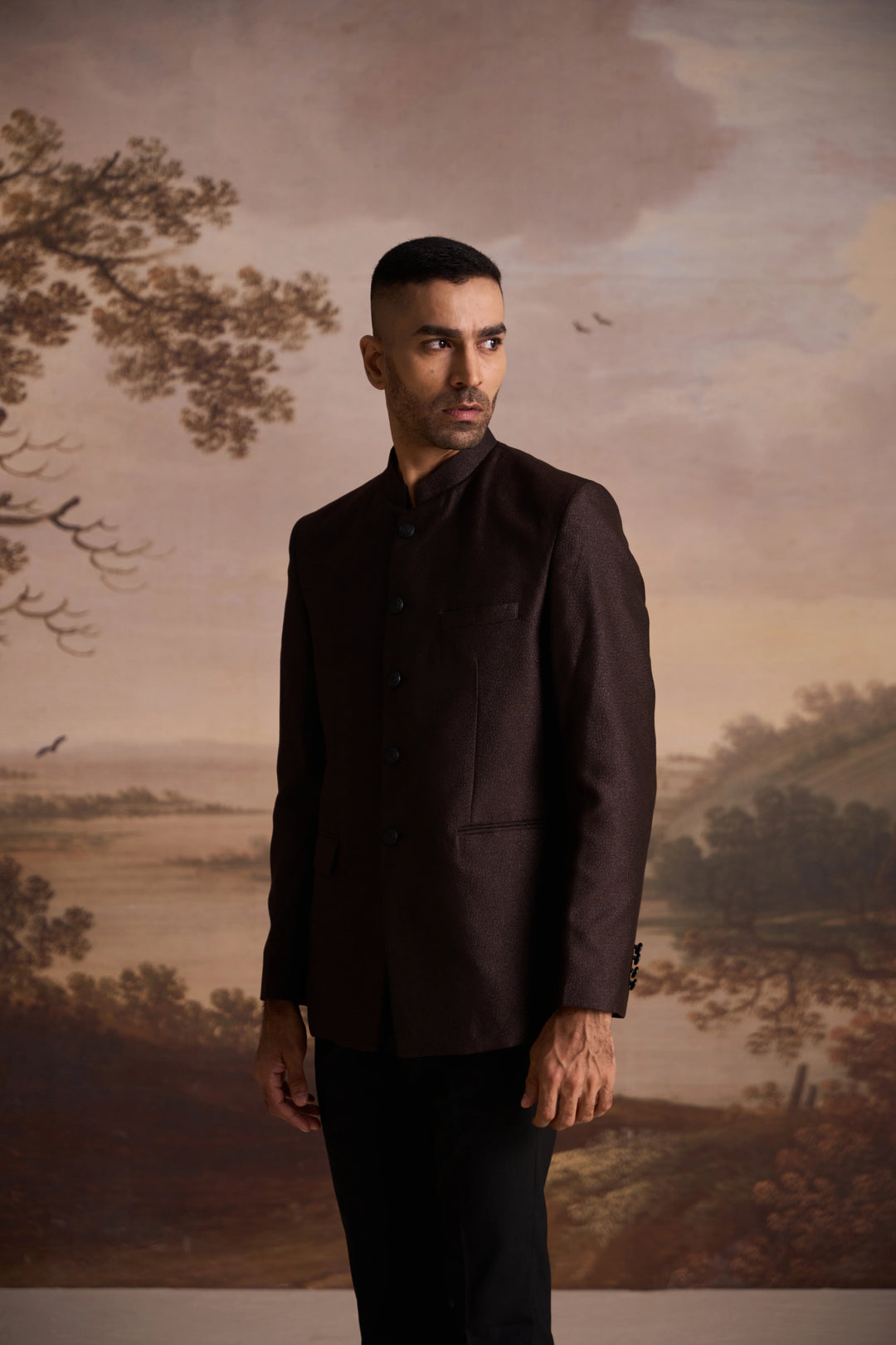 Brown Jacquard Slim Fit Mandarin Collar Bandhgala Blazer