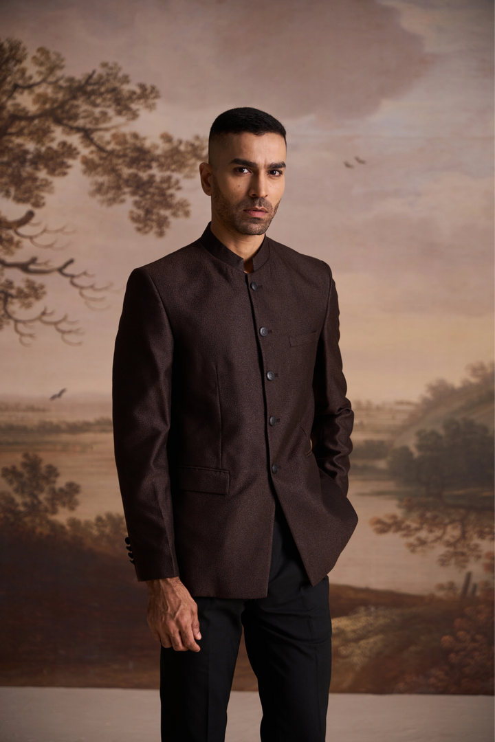 Brown Jacquard Slim Fit Mandarin Collar Bandhgala Blazer