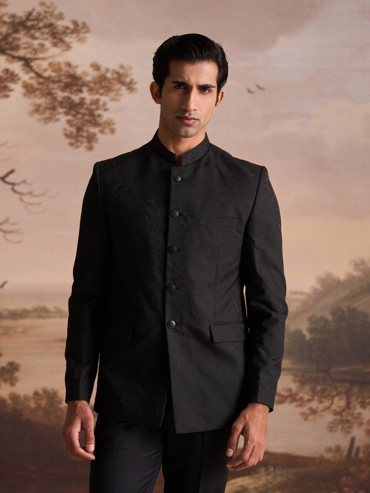 Black Jacquard Slim Fit Mandarin Collar Bandhgala Blazer