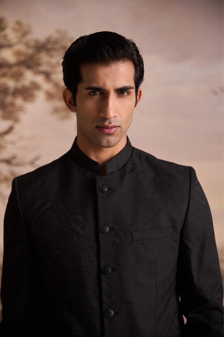Black Jacquard Slim Fit Mandarin Collar Bandhgala Blazer