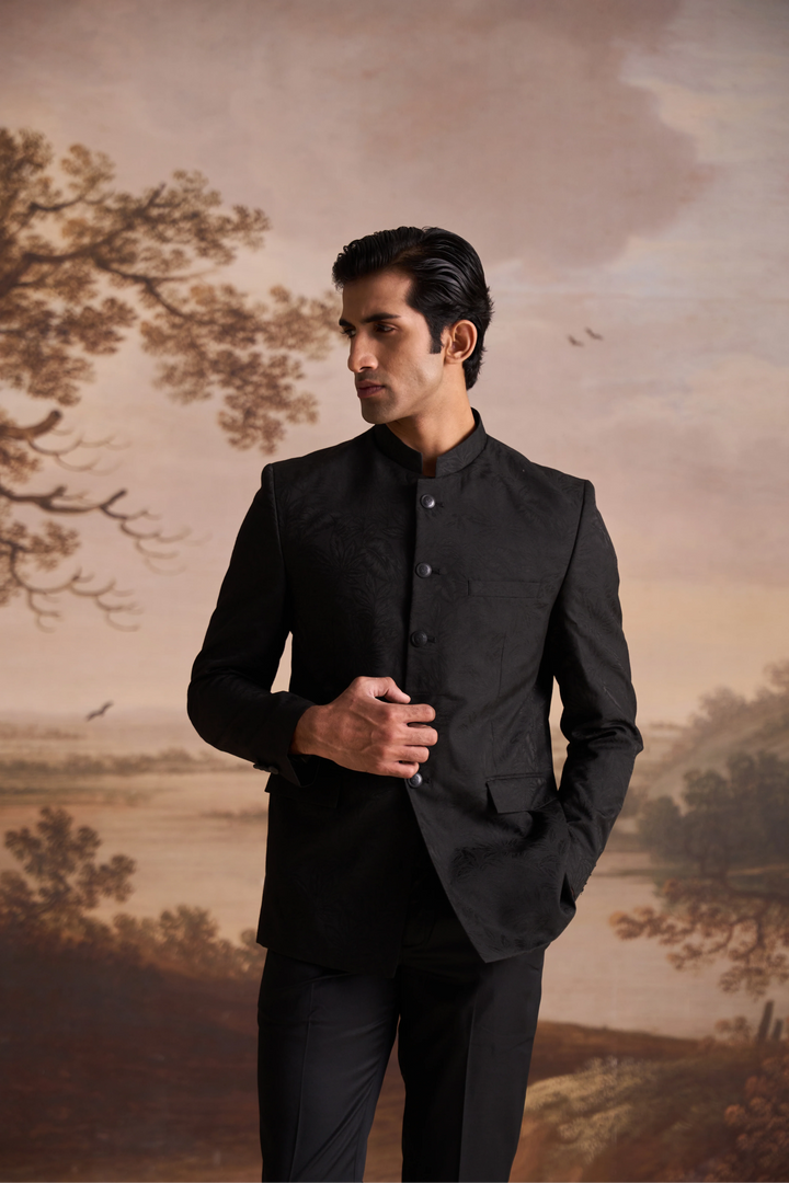 Black Jacquard Slim Fit Mandarin Collar Bandhgala Blazer