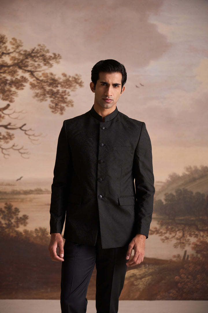 Black Jacquard Slim Fit Mandarin Collar Bandhgala Blazer
