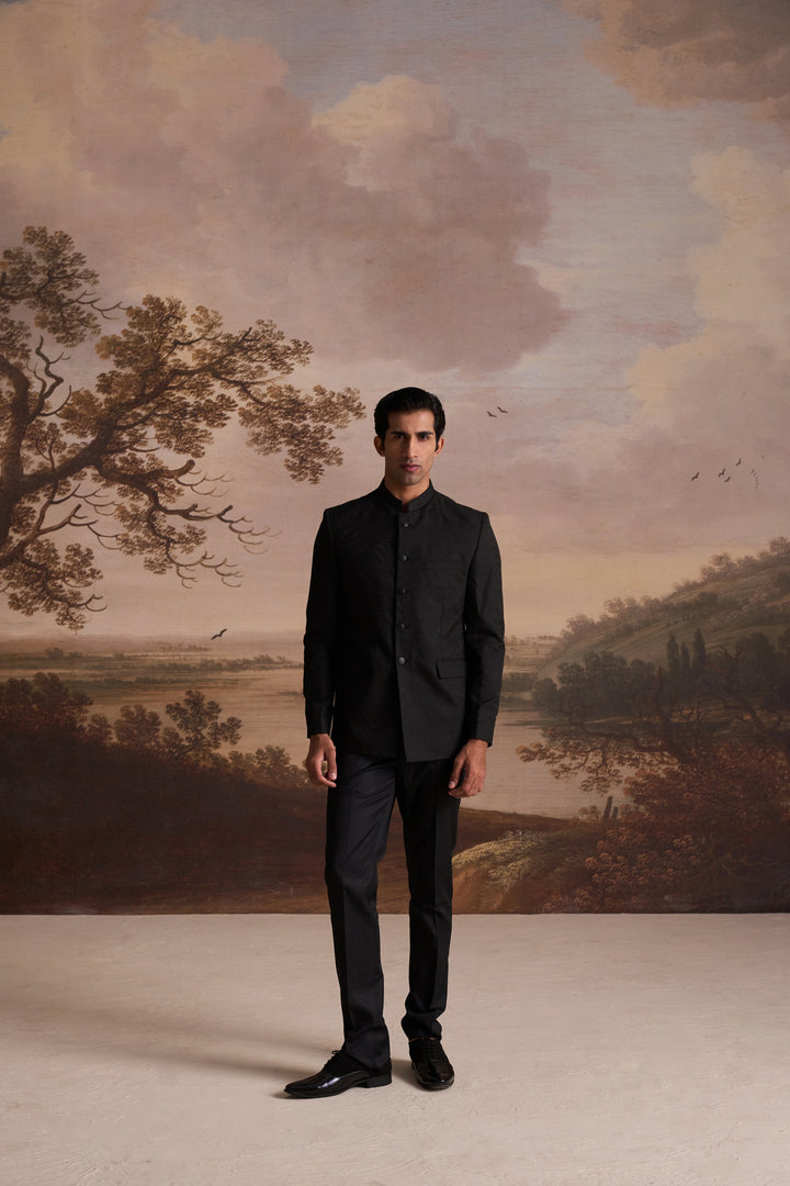 Black Jacquard Slim Fit Mandarin Collar Bandhgala Blazer