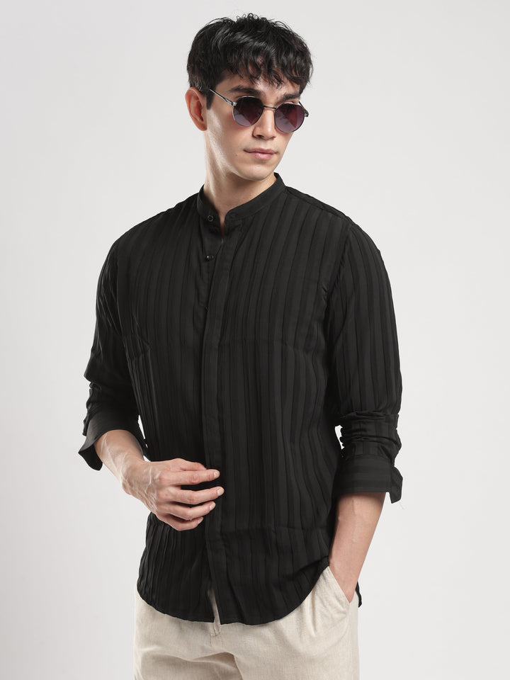THE ONLY HUMAN BLACK MANDARIN COLLAR SHIRT