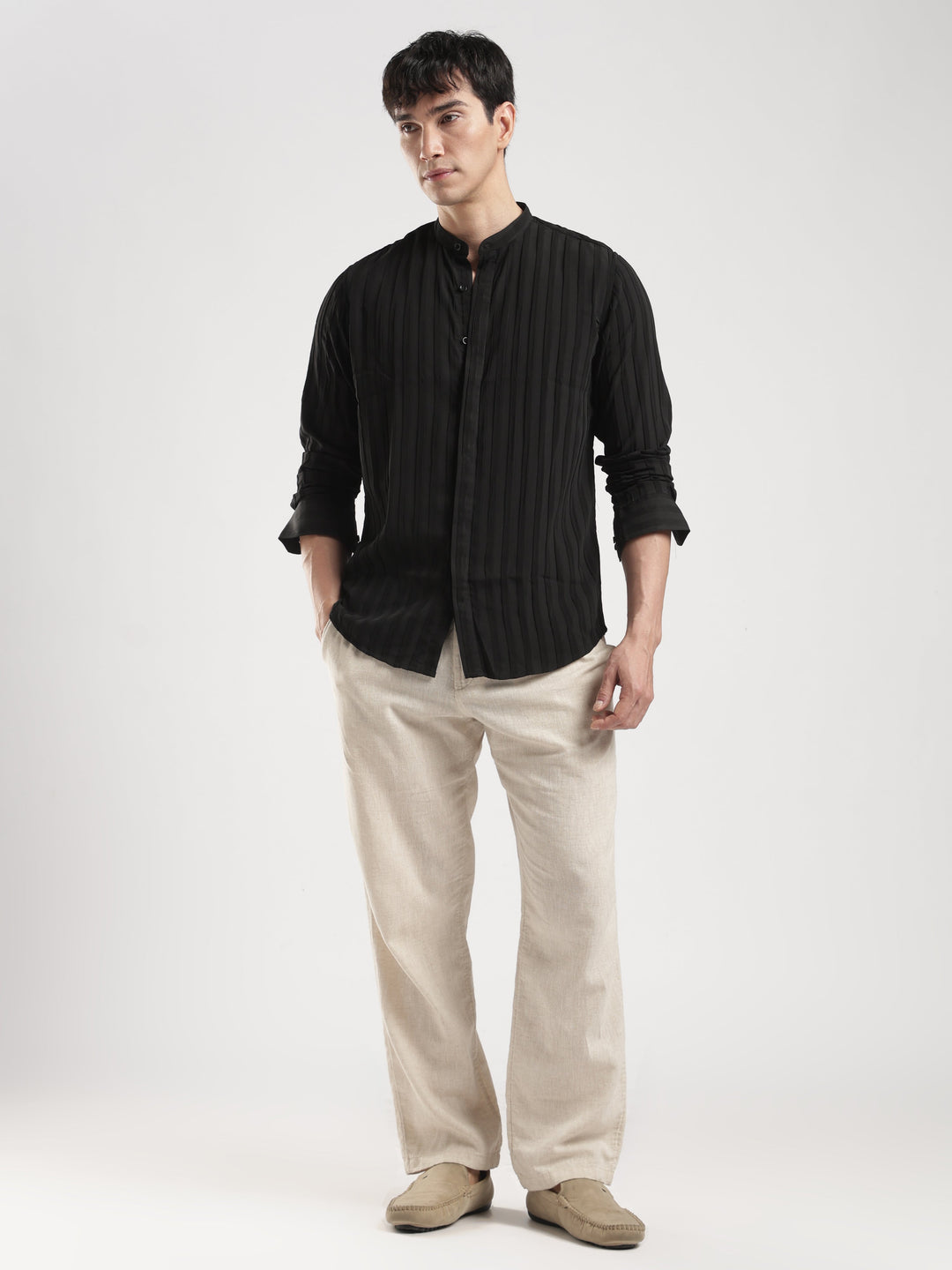 THE ONLY HUMAN BLACK MANDARIN COLLAR SHIRT