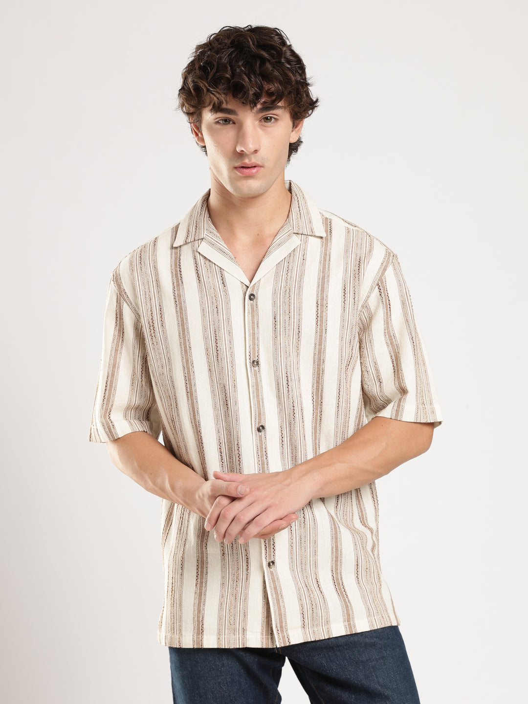 Cream Striped Boxy Fit Casual Shirt