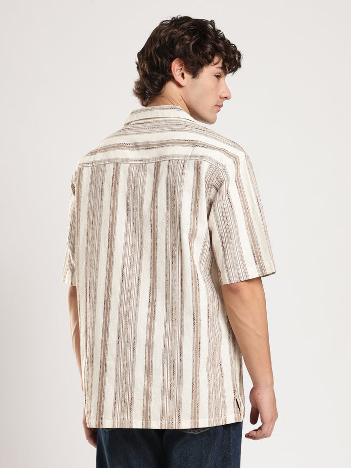 Cream Striped Boxy Fit Casual Shirt