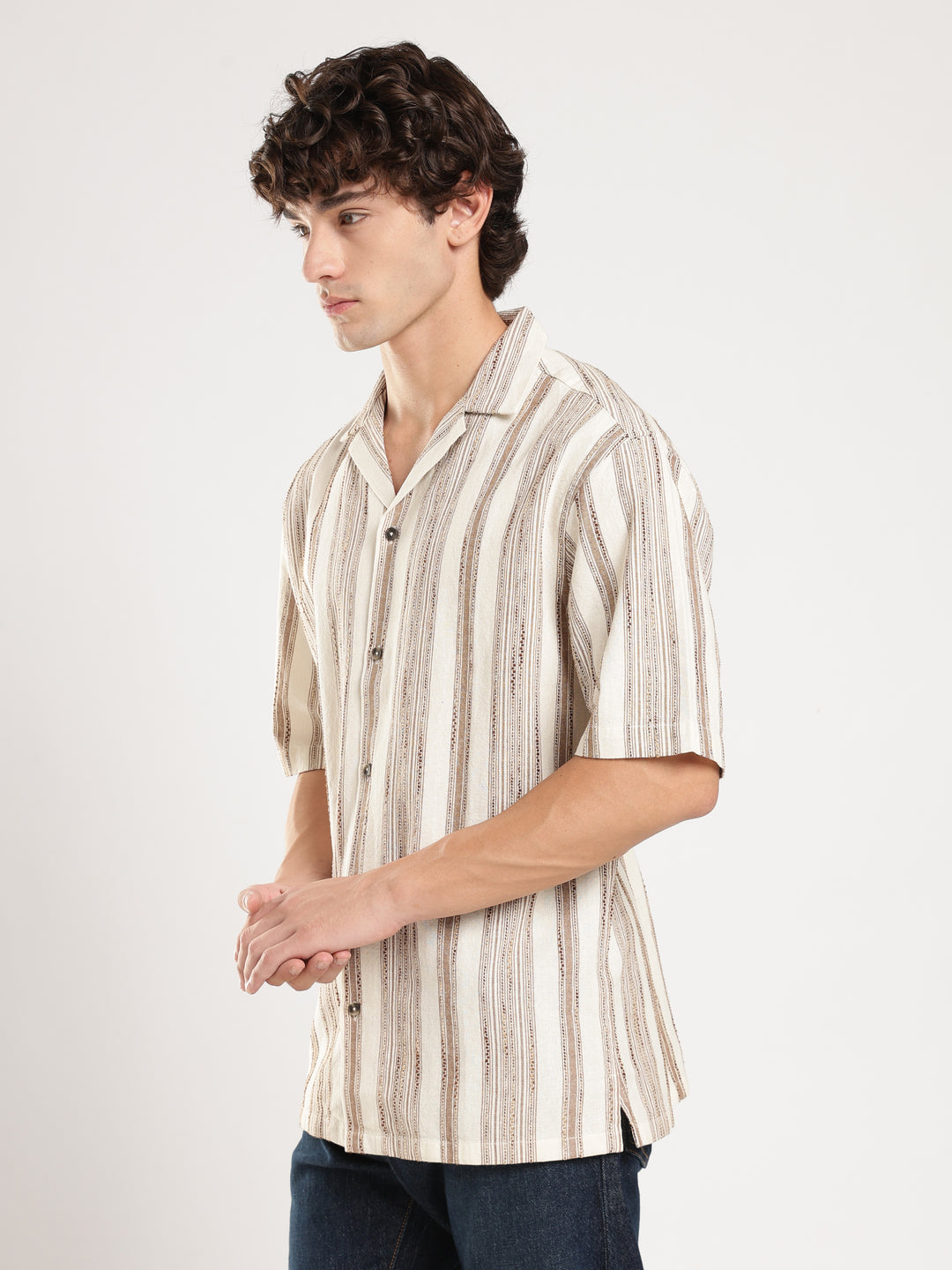 Cream Striped Boxy Fit Casual Shirt
