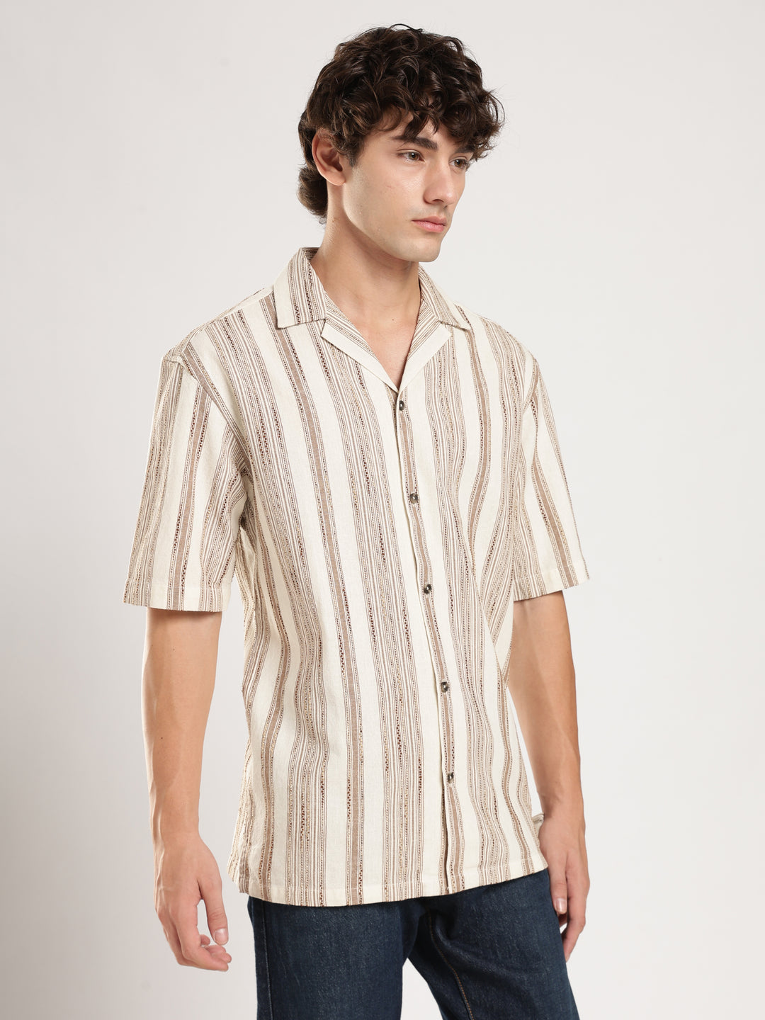 Cream Striped Boxy Fit Casual Shirt