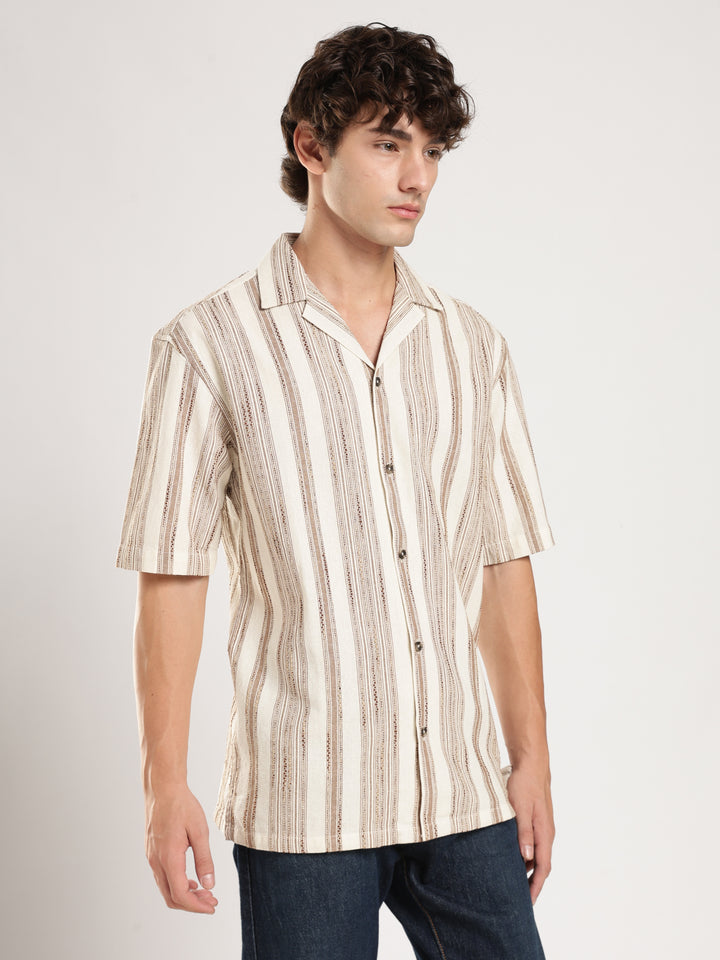 Cream Striped Boxy Fit Casual Shirt