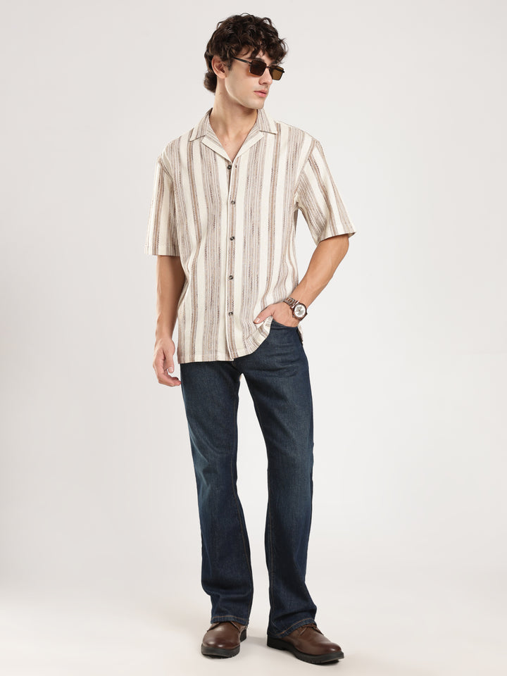 Cream Striped Boxy Fit Casual Shirt
