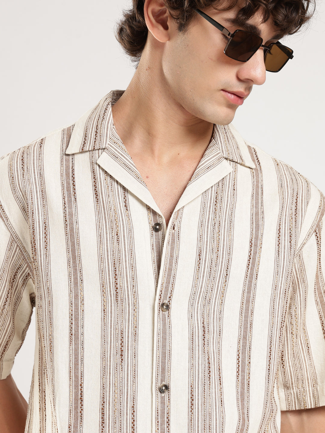 Cream Striped Boxy Fit Casual Shirt