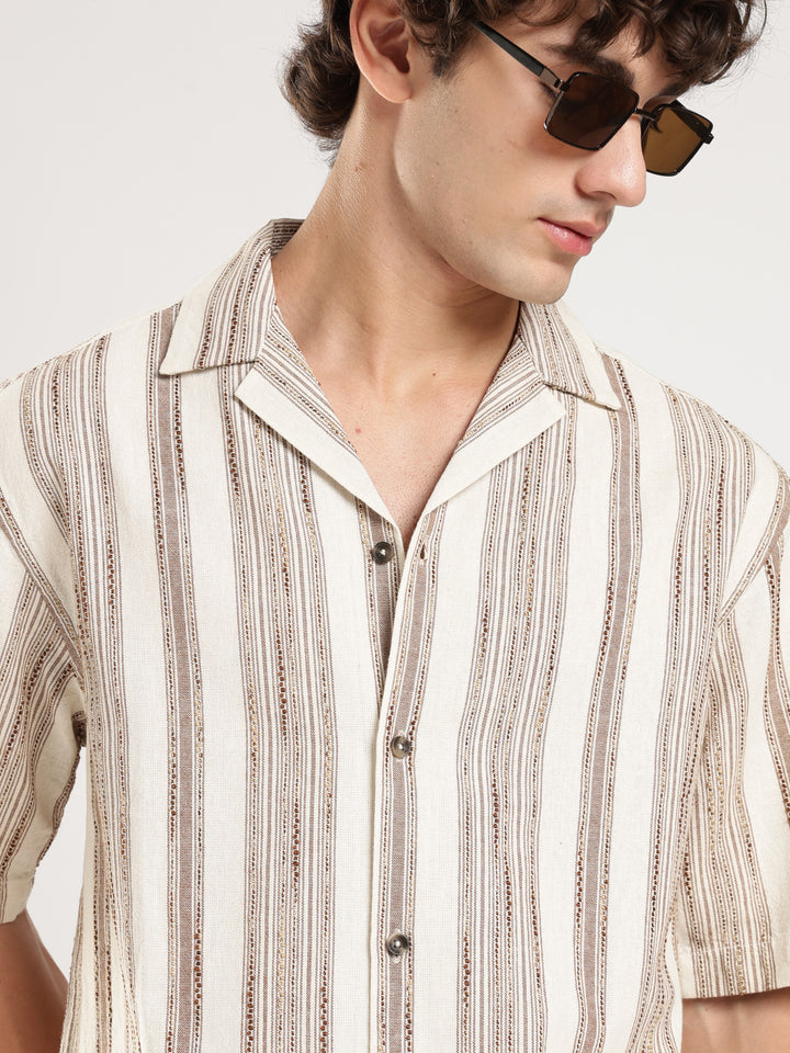 Cream Striped Boxy Fit Casual Shirt