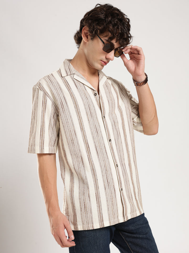 Cream Striped Boxy Fit Casual Shirt