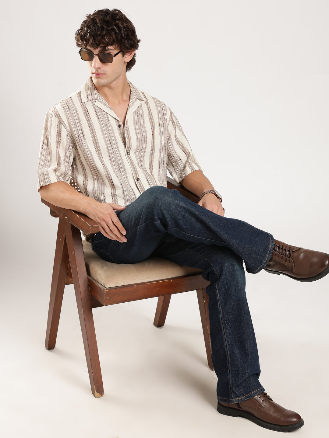 Cream Striped Boxy Fit Casual Shirt