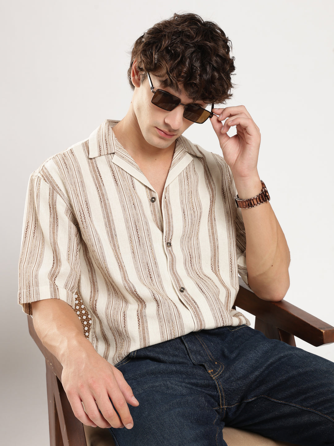 Cream Striped Boxy Fit Casual Shirt