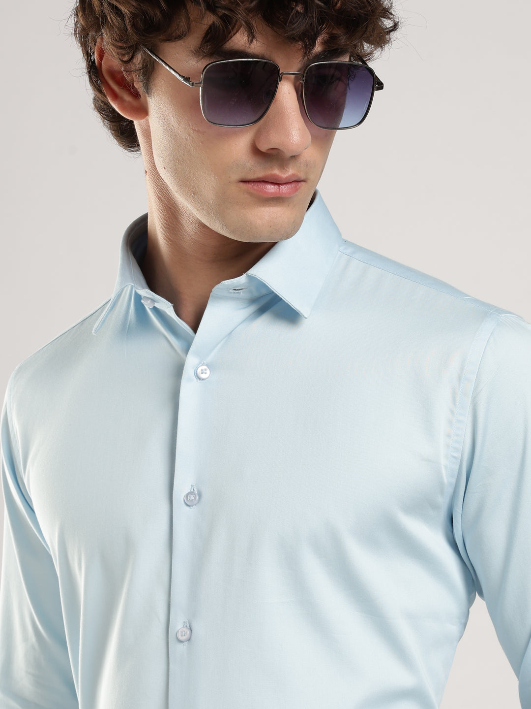 Sky Blue Solid Slim Fit Formal Shirt
