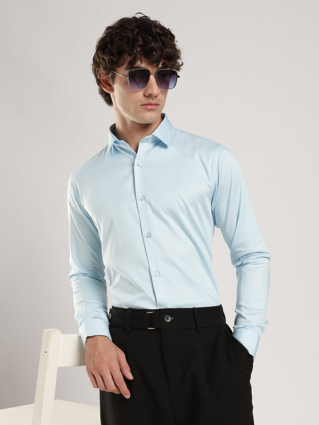 Sky Blue Solid Slim Fit Formal Shirt