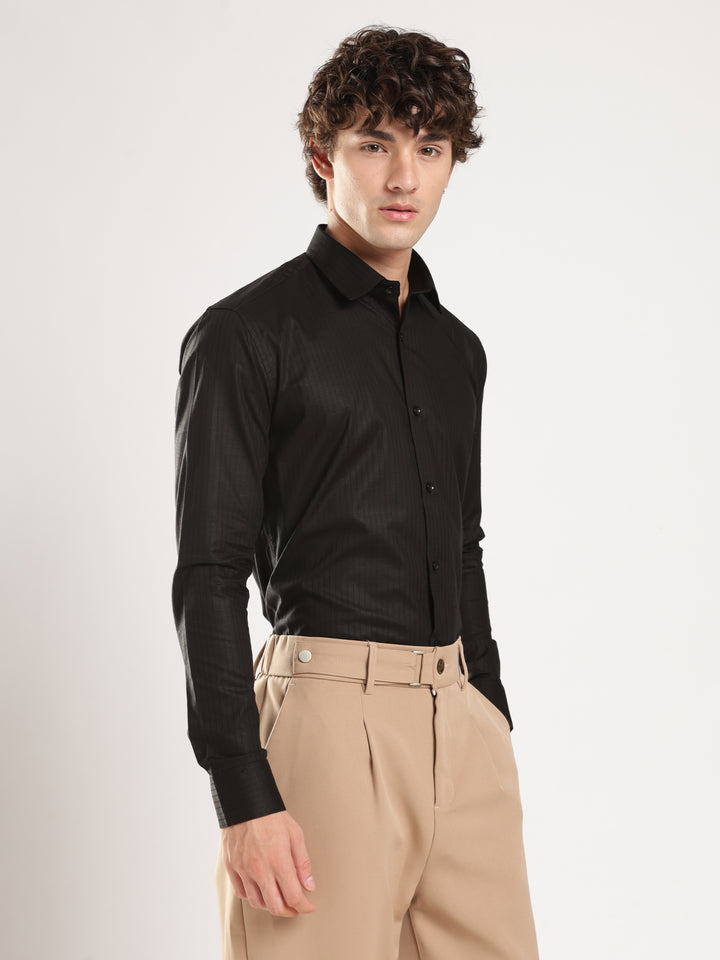 Black Striped Slim Fit Casual Shirt