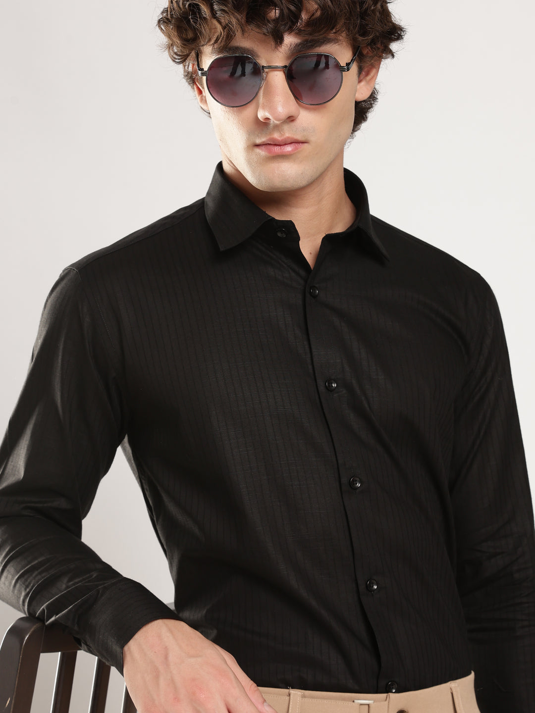 Black Striped Slim Fit Casual Shirt