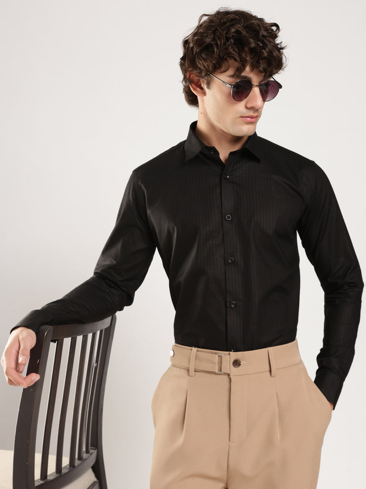 Black Striped Slim Fit Casual Shirt