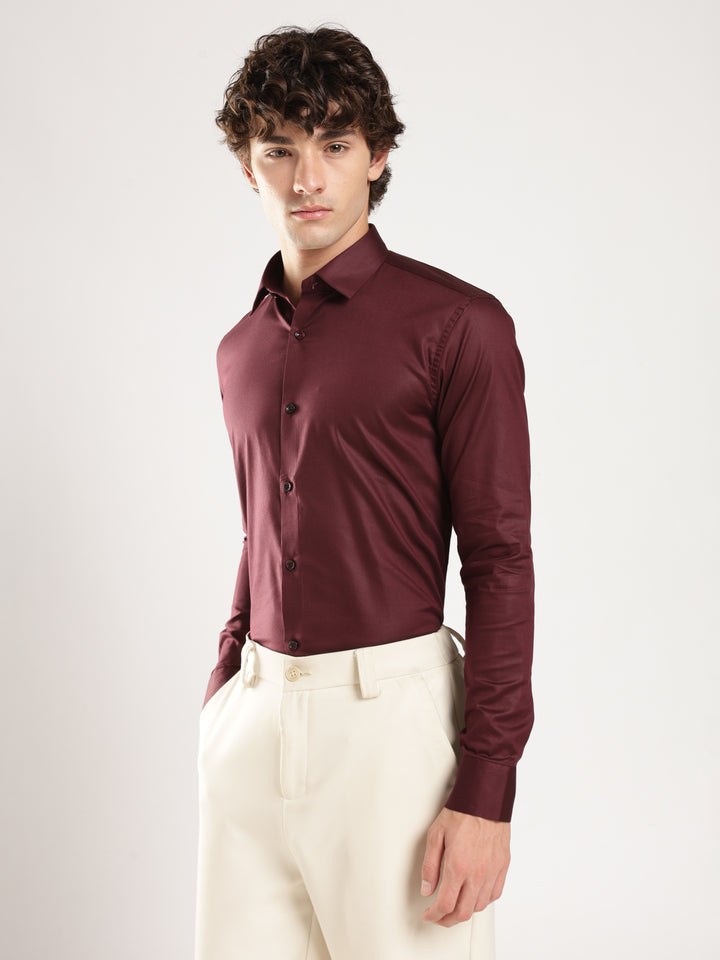Wine Solid Slim Fit Formal Shirt
