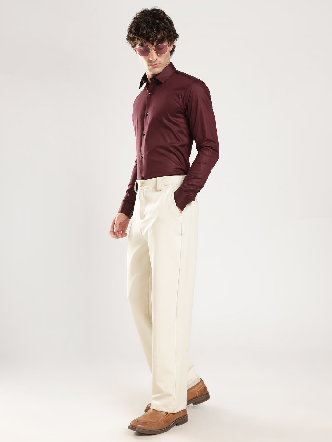 Wine Solid Slim Fit Formal Shirt