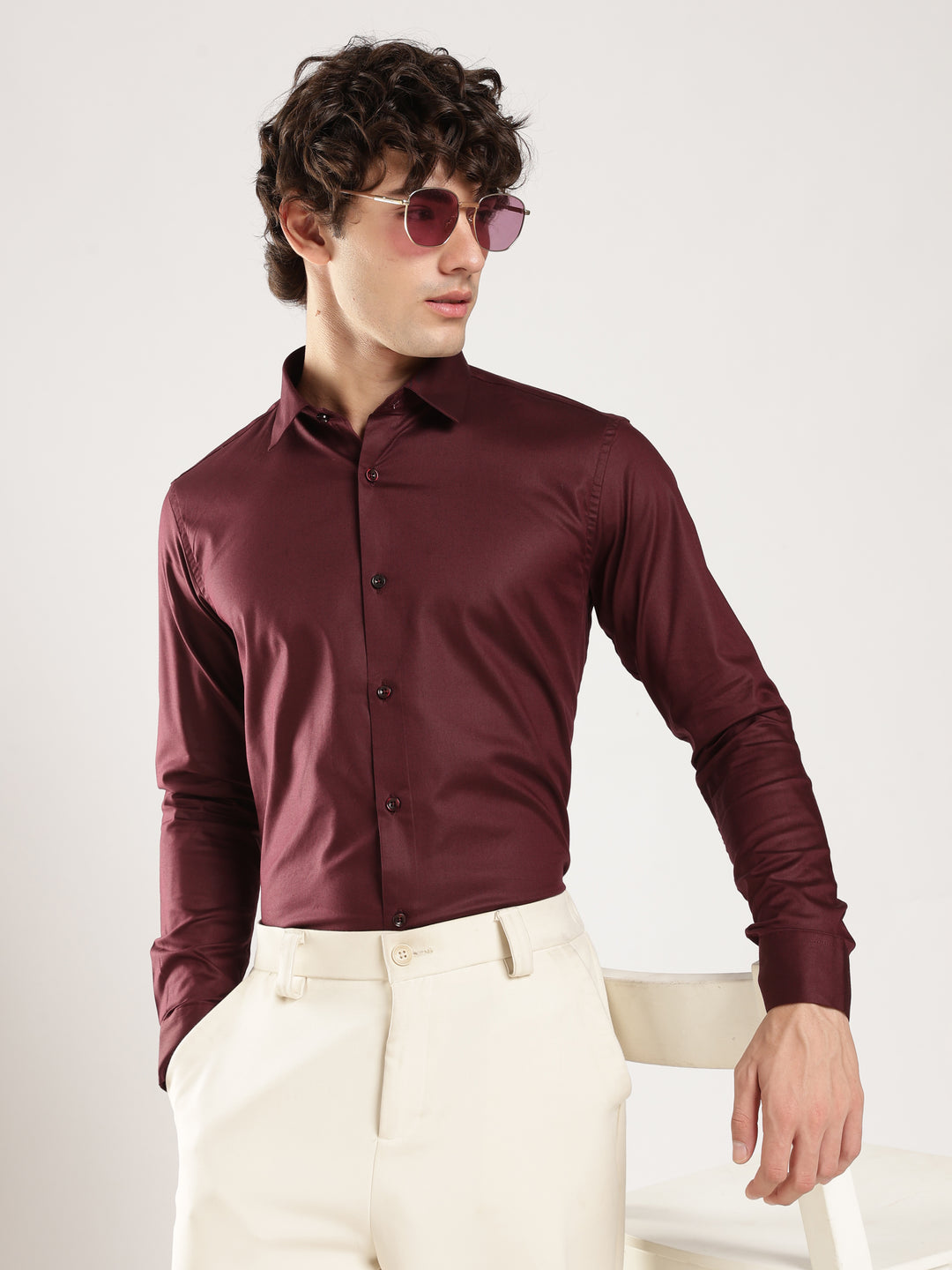 Wine Solid Slim Fit Formal Shirt
