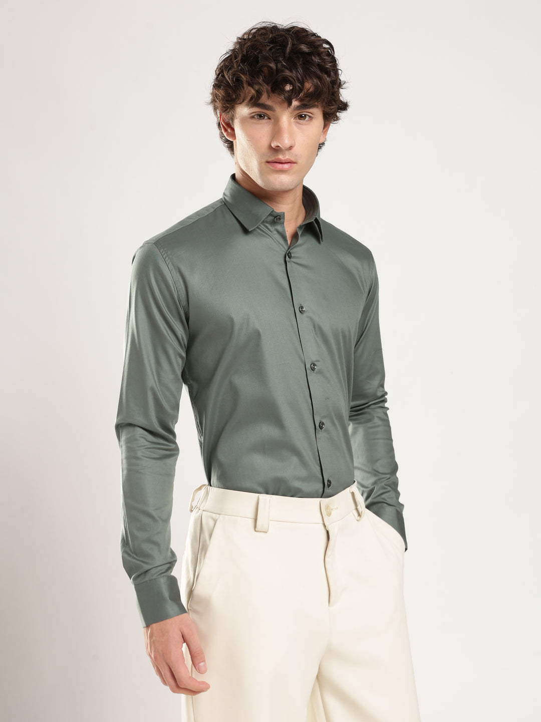 Pastel Green Solid Slim Fit Formal Shirt