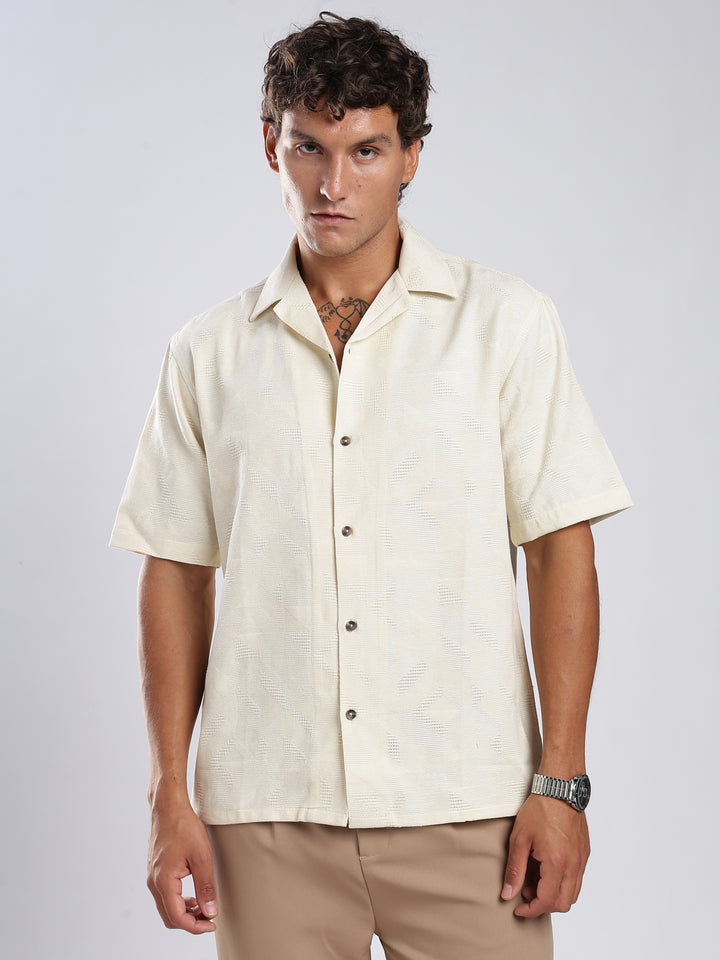 Beige Jacquard Boxy Fit Shirt