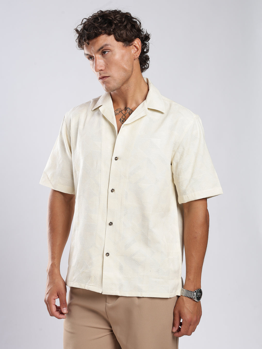 Beige Jacquard Boxy Fit Shirt
