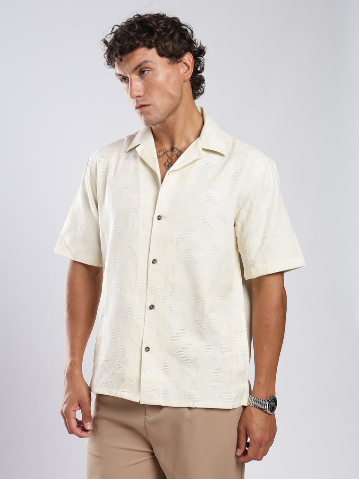 Beige Jacquard Boxy Fit Shirt