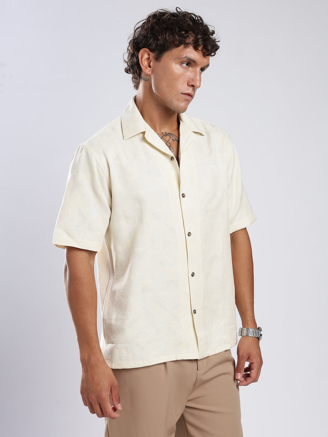 Beige Jacquard Boxy Fit Shirt