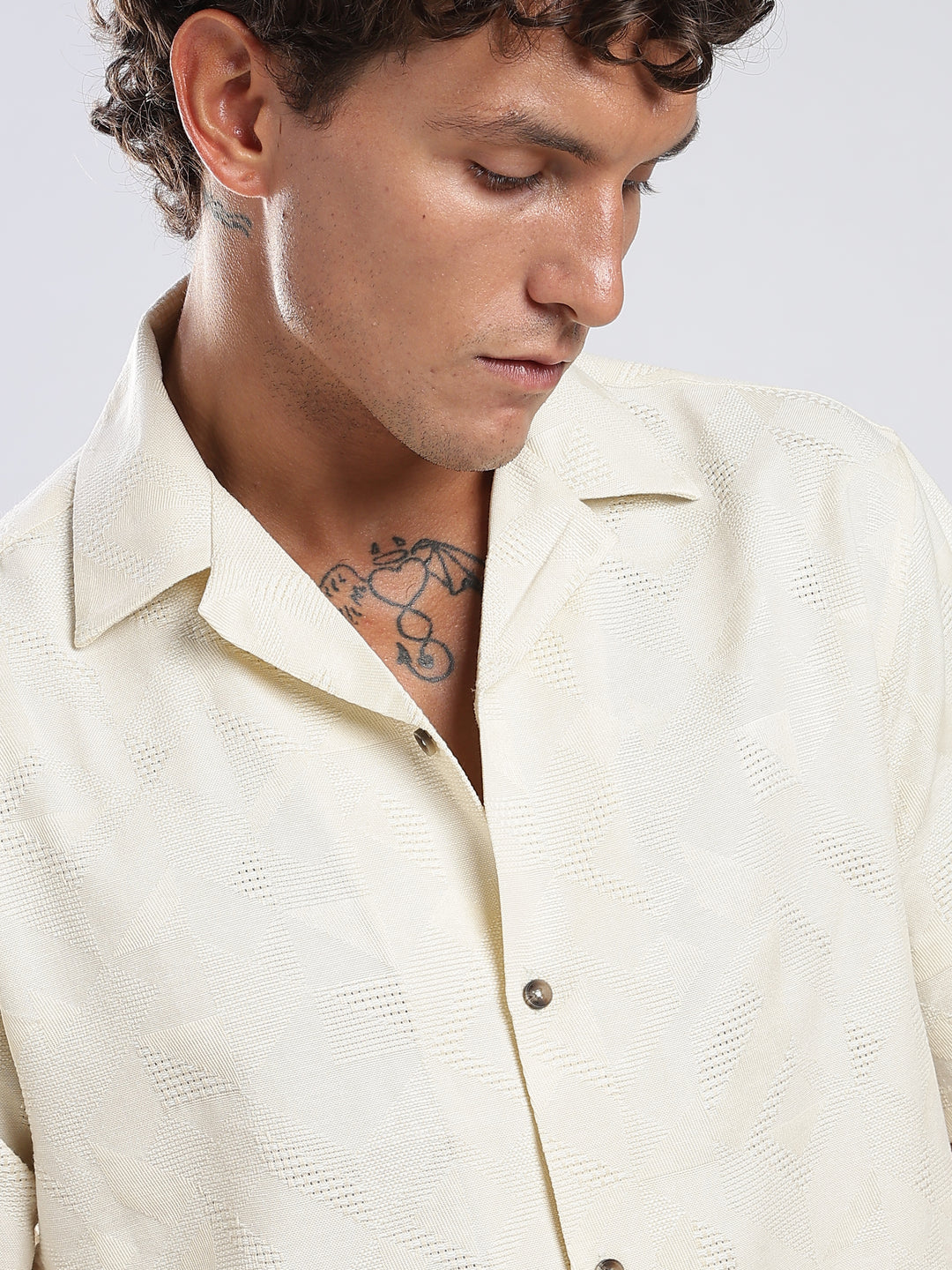 Beige Jacquard Boxy Fit Shirt