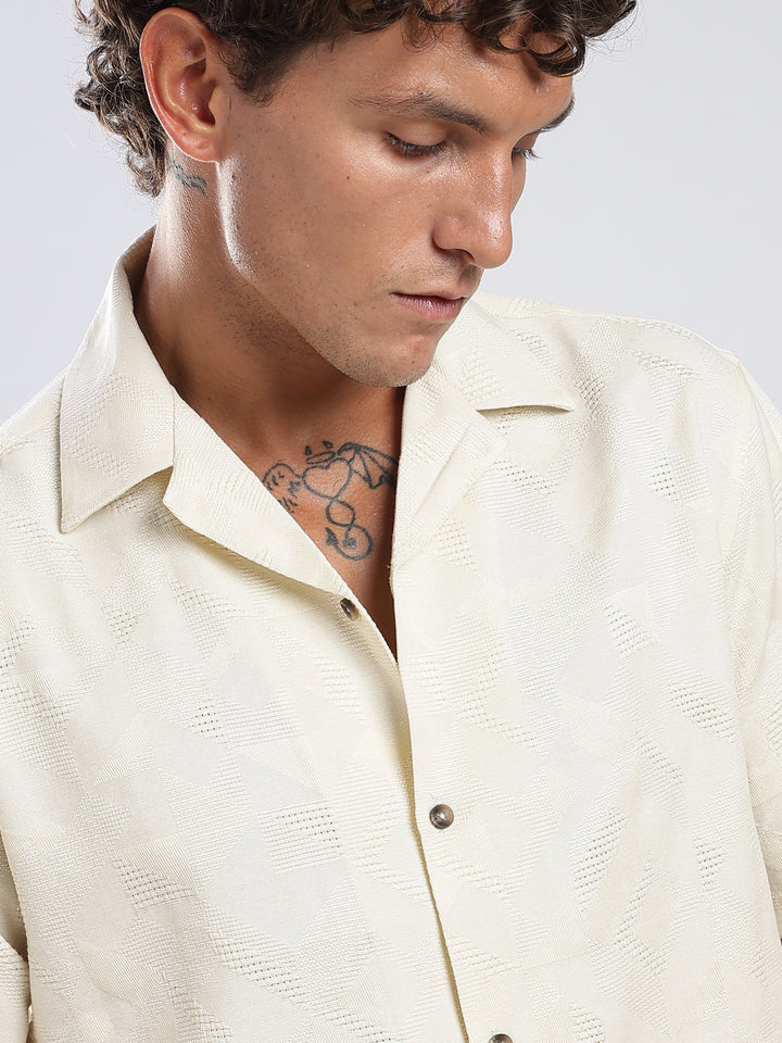 Beige Jacquard Boxy Fit Shirt