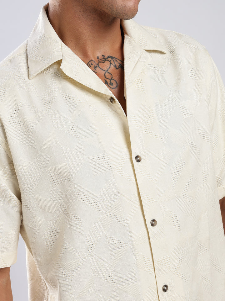 Beige Jacquard Boxy Fit Shirt