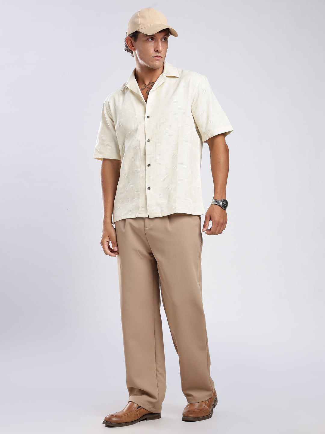 Beige Jacquard Boxy Fit Shirt