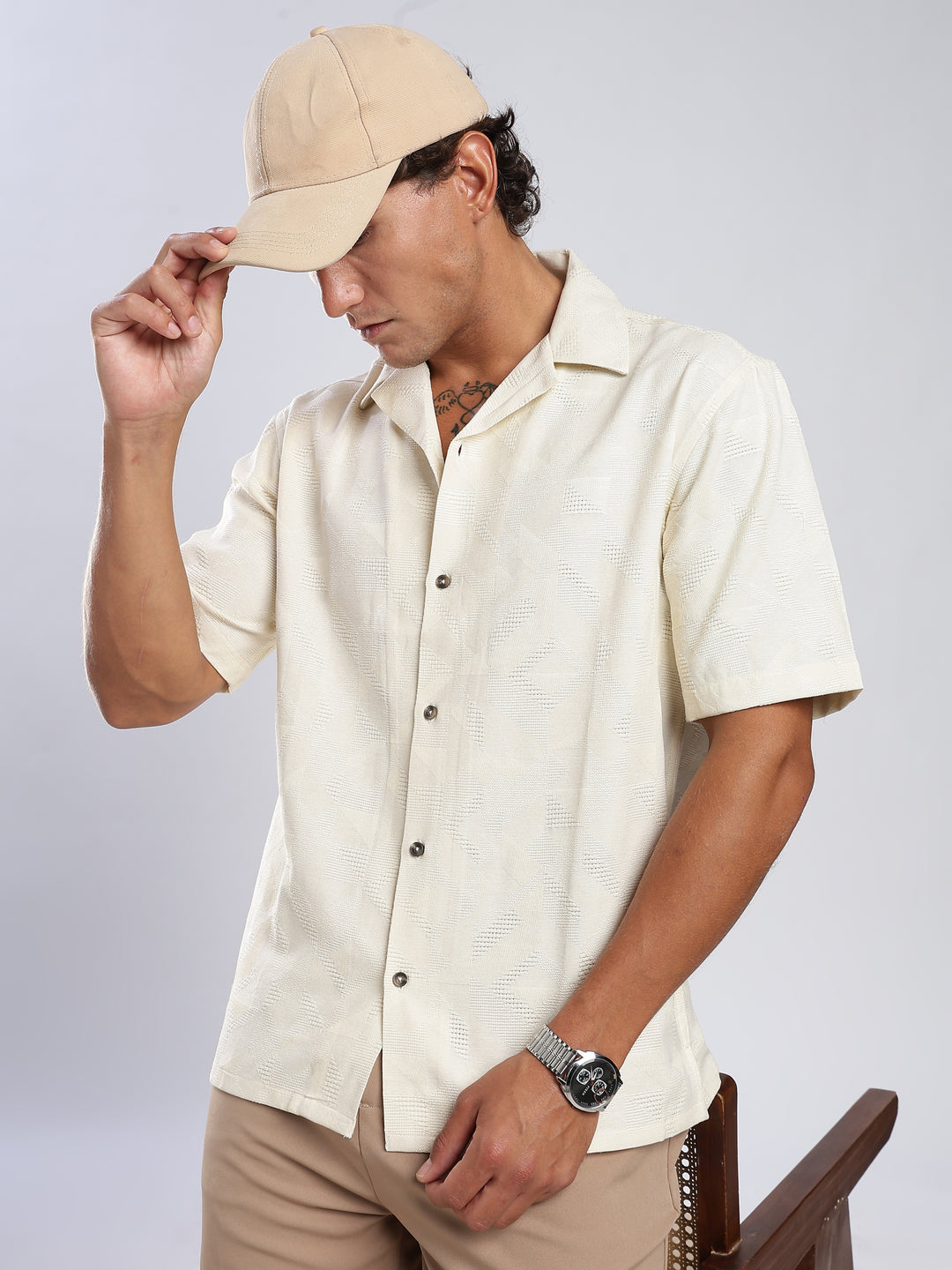 Beige Jacquard Boxy Fit Shirt