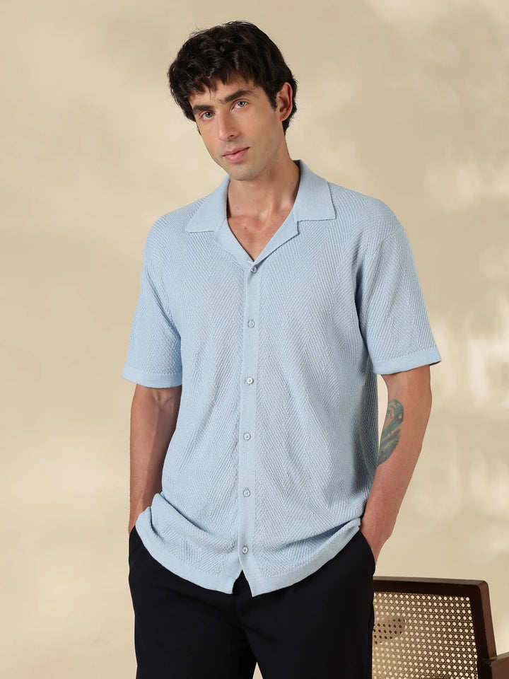 Sky blue Textured Regular Fit Flat Knit Shirt