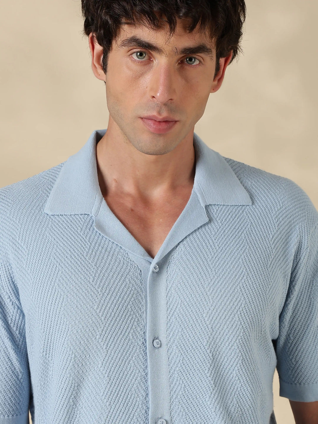 Sky blue Textured Regular Fit Flat Knit Shirt