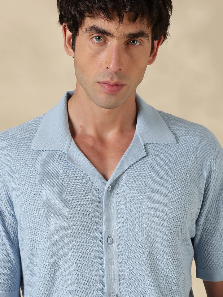 Sky blue Textured Regular Fit Flat Knit Shirt