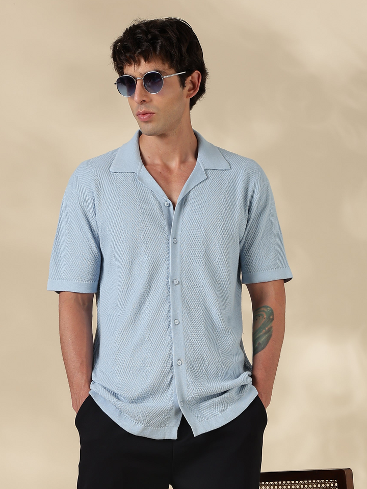 Sky blue Textured Regular Fit Flat Knit Shirt