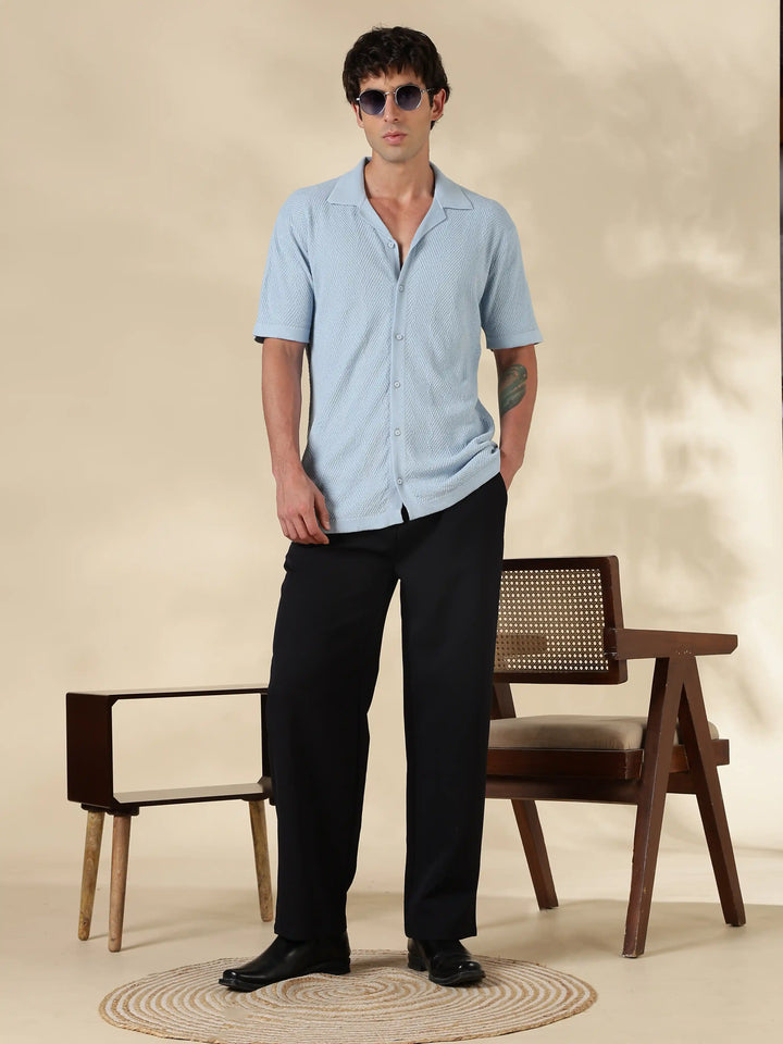 Sky blue Textured Regular Fit Flat Knit Shirt