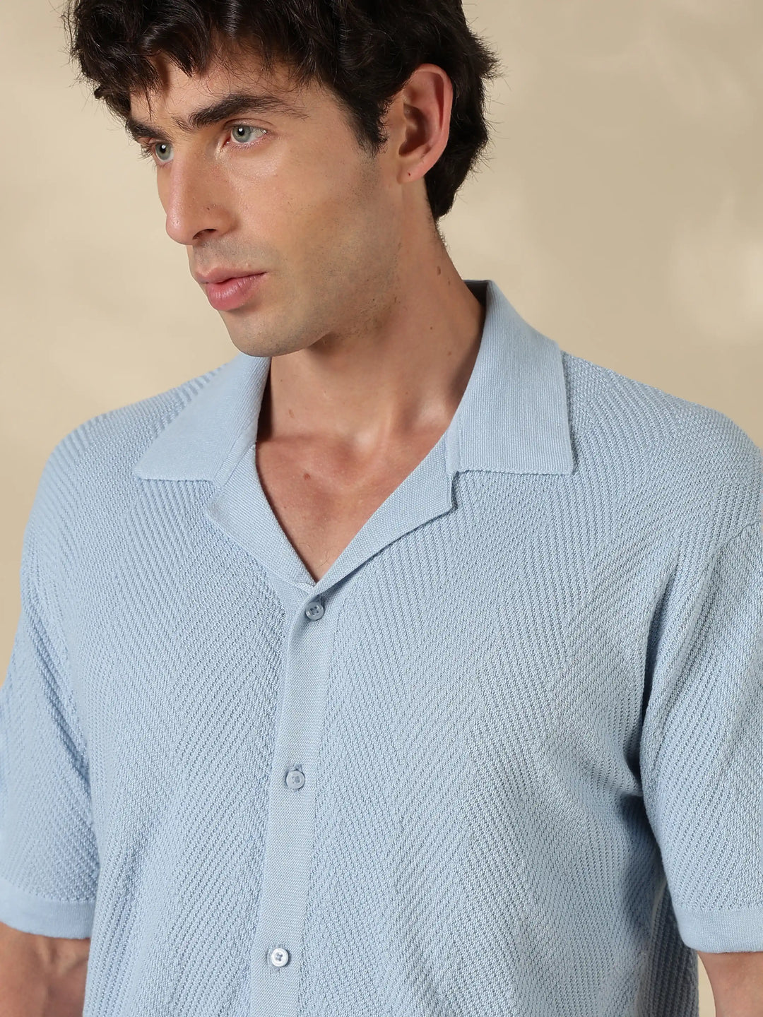 Sky blue Textured Regular Fit Flat Knit Shirt