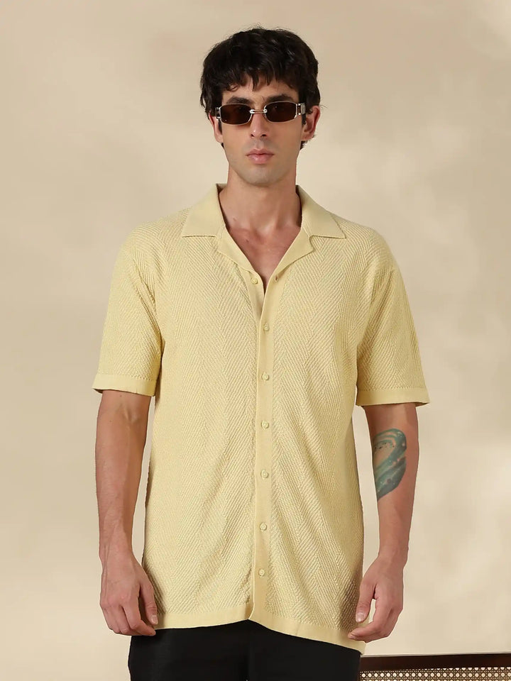 Beige Textured Regular Flat Knit Shirt