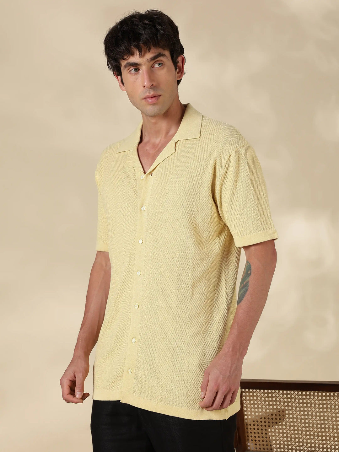Beige Textured Regular Flat Knit Shirt