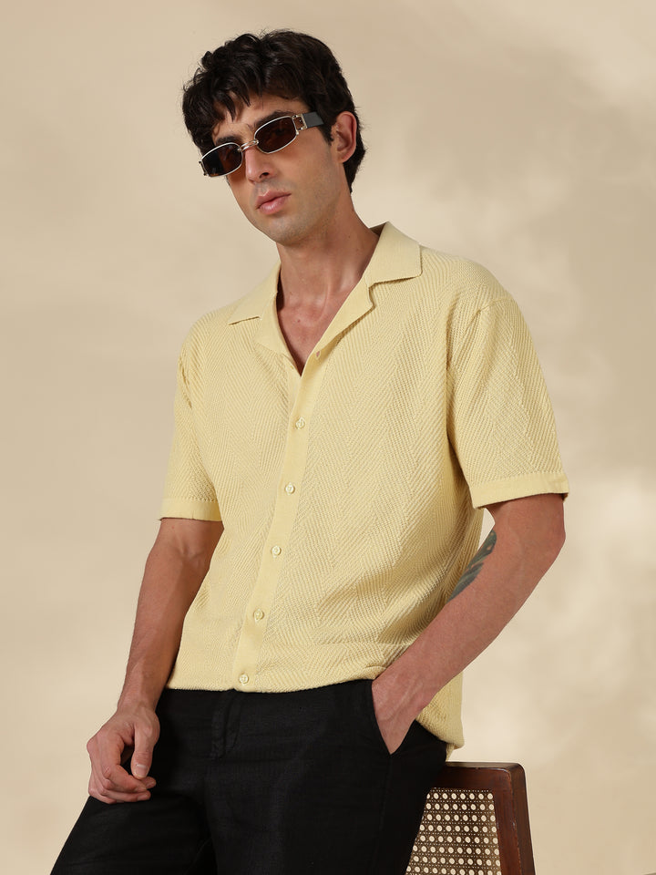 Beige Textured Regular Flat Knit Shirt
