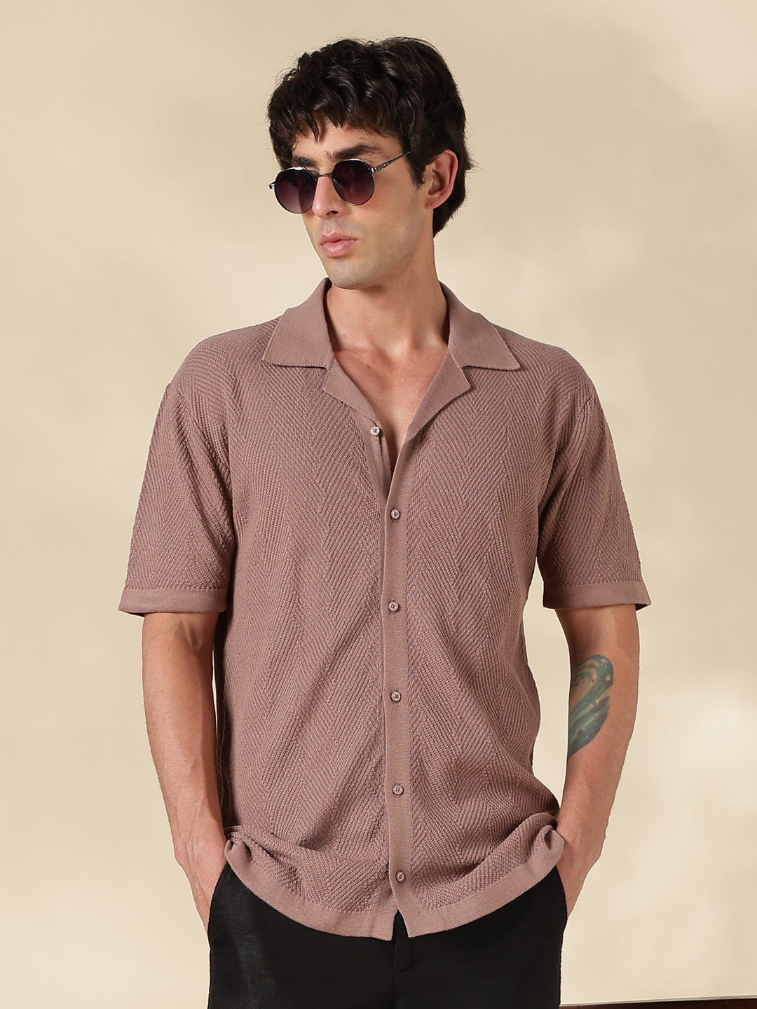 Brown Solid Regular Fit Spread Collar Flat Knit Shirt